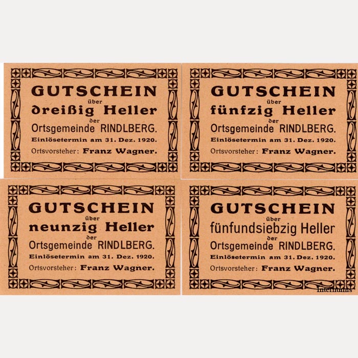 Rindlberg(OÖ) - 30,50.75,90 Heller o.D.(-1920), Papier orange, einzeln, Dr.einseitig, (KKN.S839)I)e) Erh. I
